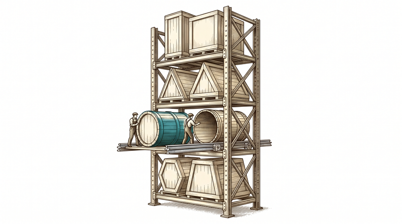 A tall rack where every shelf holds exactly one crate, each a different shape; two figures slide one crate out on rails and push a new one of the same shape into its place, while the rack itself does not move and the crates above and below stay untouched