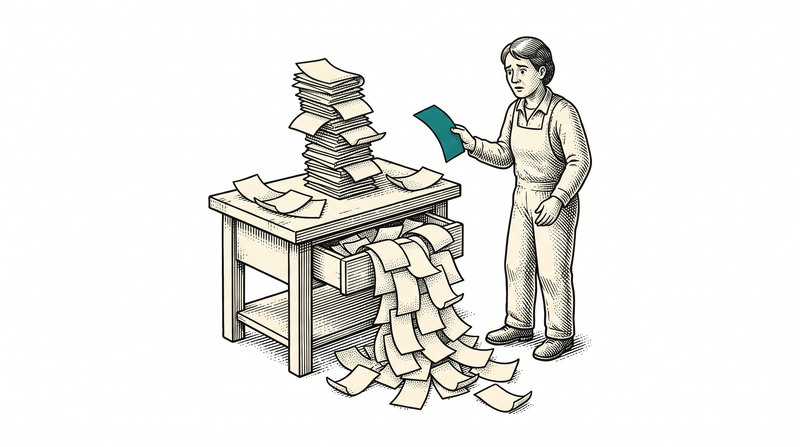 Slips spill from a half-open drawer, the stack on the bench is about to topple and more lie on the floor; the shopkeeper cannot find an empty place to set down the teal slip in hand