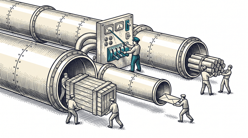 Three giant tubes of different diameters side by side; an operator at the junction board decides which capsule goes into which, while figures load a heavy crate into the widest and a slim envelope into the narrowest