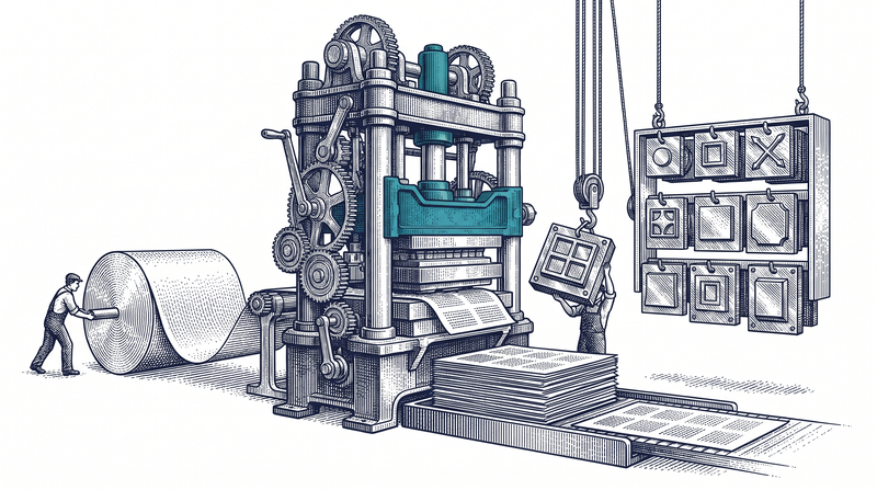 A tall stamping press set over a long paper roll; one figure feeds the roll through, a rack of different dies hangs beside the press and another figure lifts one die out and slides a different one into the head, while stamped sheets stack neatly in a tray and the press never stops