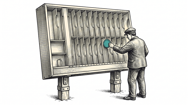 A slotted record board standing on two legs driven into the ground; the worker presses a token into its slot out in the open, with no desk