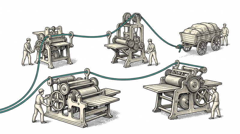 Four completely different machines standing apart, yet one single teal cord runs through a guide eye on each of them in turn, its end tied to a loaded cart with no knot or join anywhere along it