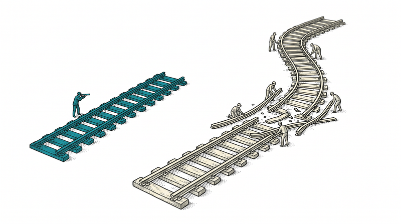 Two tracks from the same sleeper: a short but perfectly straight teal one on the left, and a much longer one on the right that curves badly and has been torn up in the middle