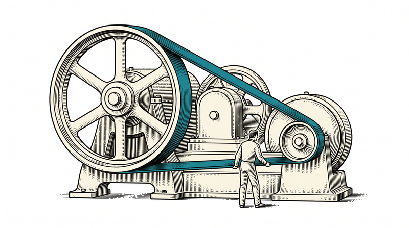 A worker shifting a teal belt between pulleys of different sizes while the machine stays whole with no dismantled parts anywhere