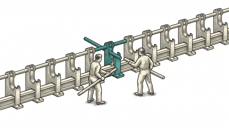 On the rail each bracket takes one rod only; two workers reach for the same one, but the teal rod is already seated and a stop has dropped in front of the second, while every other bracket stands empty