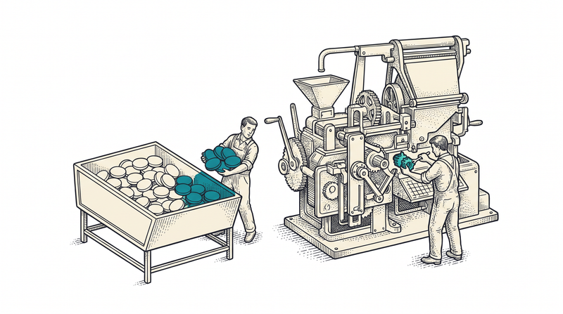 A worker lifting a handful of teal tokens from a still-full bin and carrying them to a machine where a second worker is fitting a small new part