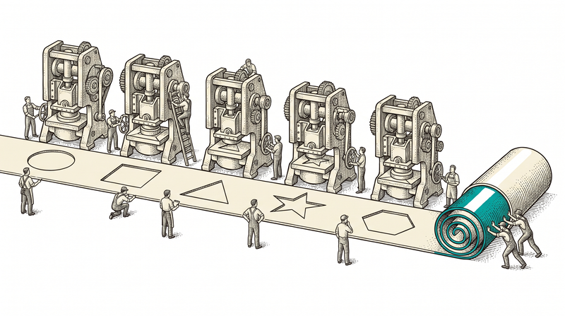 Five different presses each stamp their own shape into one strip in turn, and at the right end the strip is rolled up and sealed