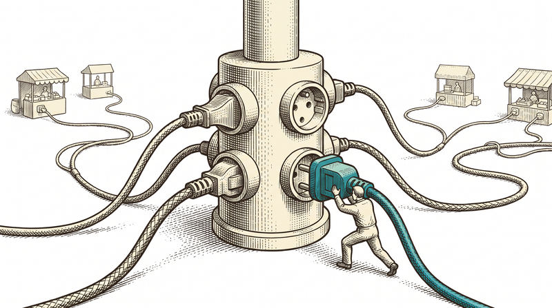 A central hub post studded with sockets, several already filled with differently keyed plugs whose cables run off to separate stalls; a figure pushes one new plug into a free socket and none of the existing cables are touched