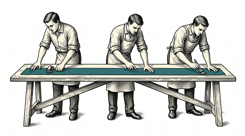 One single record strip on a long bench, with three people shoulder to shoulder each working two-handed on a different section of that same strip