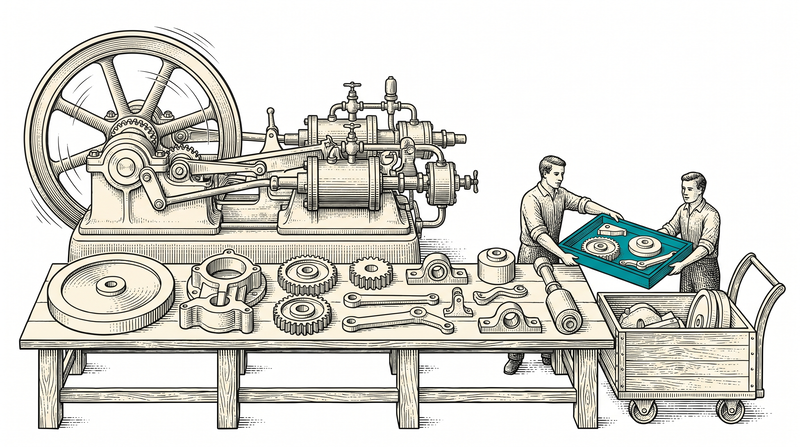 A finished machine stands alone on the left with its flywheel turning; on the long trestle in front of it the casting pattern for every one of its parts lies in its own place, and on the right one figure hands the shallow tray holding that whole set of patterns to a second figure loading it onto a handcart