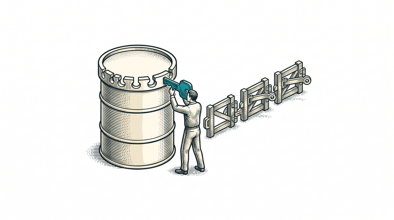 A single upright drum standing alone on bare white ground, shaped notches cut around its rim; a figure sets one notch with a key, and the three small gates lined up away from the drum re-latch to match, each arm clicking into its new position