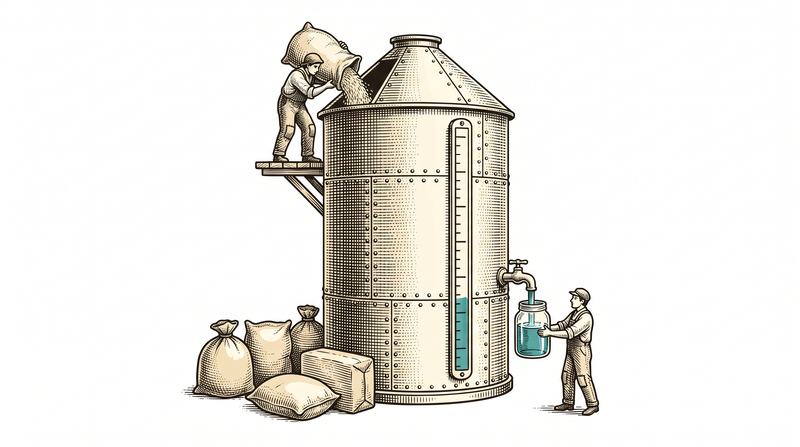 One tall measuring hopper standing alone; a figure above empties differently shaped sacks into its mouth, while below a second figure fills a clean jar from its single tap and reads the level against the hopper's side gauge