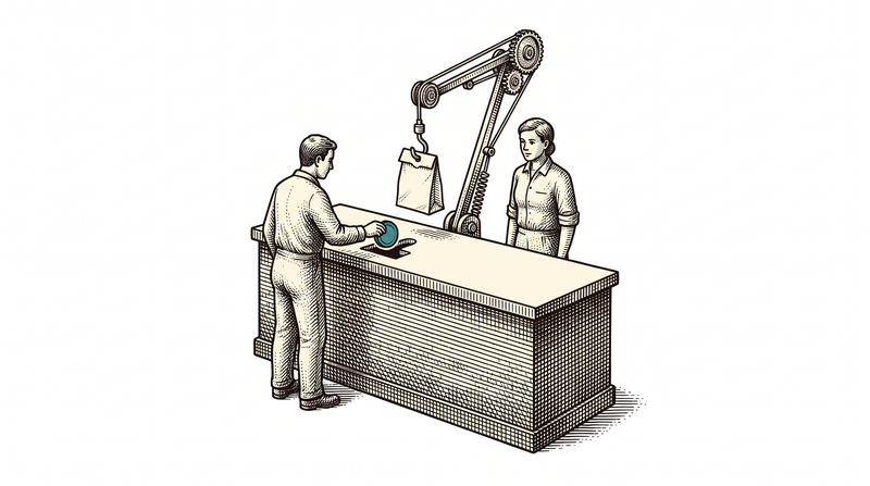 A teal token seating into the recess in the counter; at that moment the arm above swings round and presents the packet that was prepared earlier and waiting on its hook, while the attendant behind the counter keeps both hands at their sides