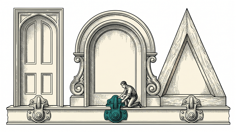 Three completely different doorways — square, arched and triangular — all seated on one single continuous foundation beam with the same fitting under each; a worker adjusts the teal one
