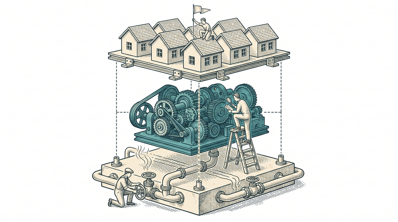 Three-layer platform: figures tightening pipes, inspecting the core and planting a flag on a roof