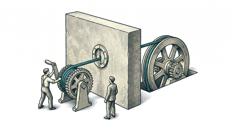 A taut cable runs from a hand crank on the near side of a thick wall, through a sealed port; as the figure turns the crank, the heavy wheel on the far side turns in step with it, and a second figure stands where they can watch both at once