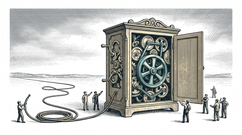 A sealed cabinet standing alone in an empty field; its side panel is open and the whole mechanism turns inside under its own power, while a figure beside it holds the cut end of a cable that leads nowhere