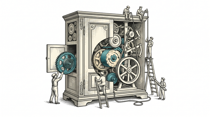 A worker posting a new teal gear through the side flap of a cabinet whose main door stays shut, the cutaway showing the mechanism still turning