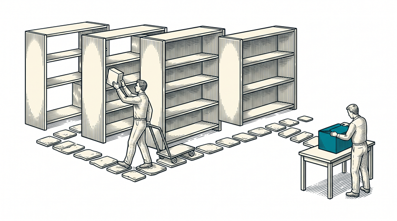 Stepping stones pass each shelf exactly once; the picker moves along with a trolley while the worker at the table closes the teal box