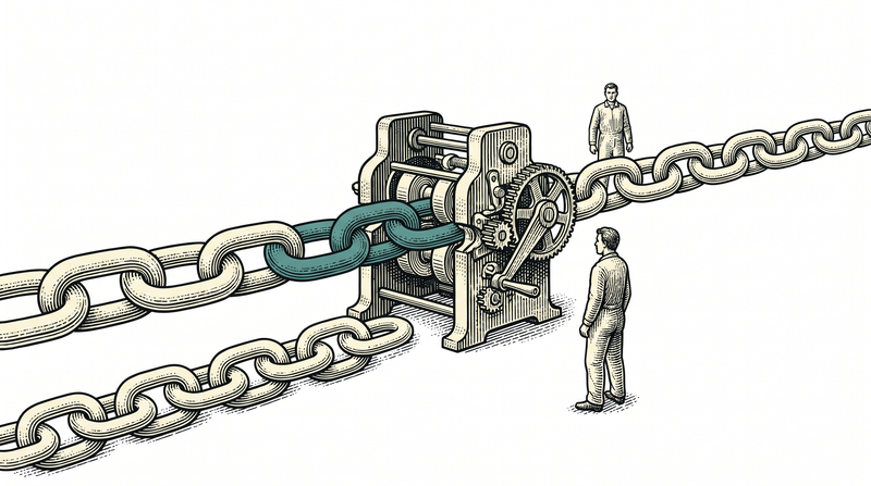 A machine closing the chain link by link, the teal links joining right at its jaws while the chain runs unbroken to both sides — no gap and no doubled link, the worker watching with hands at their sides