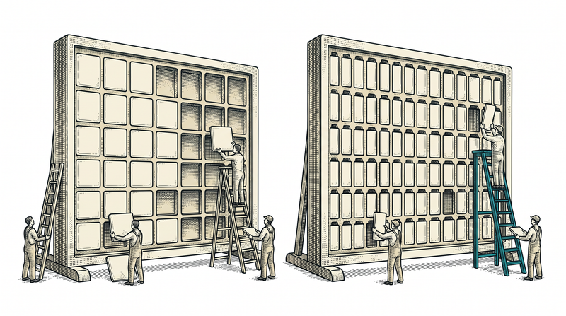 Two identical large frames standing side by side, each divided into empty slots; figures on ladders fit differently shaped tiles into them — the left frame filling with big square tiles, the right with narrow ones. Same frame, different fill