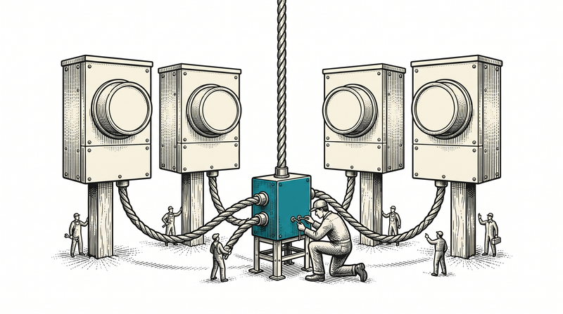 Cords from post-mounted meters joining at one teal gateway box, with a single cord rising from it
