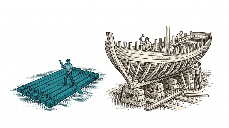 A teal single-plank raft already moving through the water with one paddler, beside a large hull still being framed on dry blocks