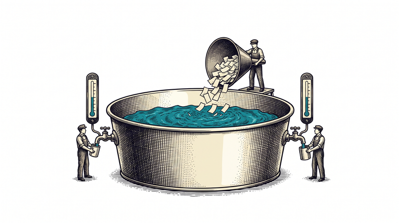 One large plain basin standing alone on bare white ground; a figure above tips a stack of loose paper slips into the funnel that feeds it, and the level gauges read by the two figures drawing buckets from taps on opposite sides stand at exactly the same height
