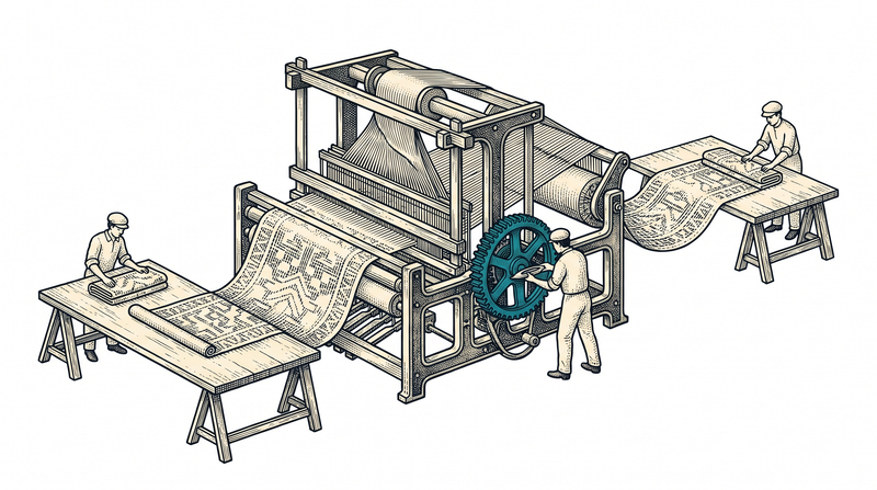 Two cloths with an identical weave running out of one loom in different directions, each falling onto its own folding table