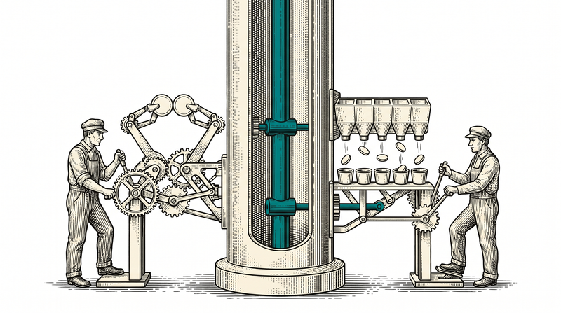 On the left face of one column a pair of arms brings two tokens together, on the right face hoppers drop each token into its own cup; the two mechanisms never touch, yet both are driven by the same teal shaft running down inside the column