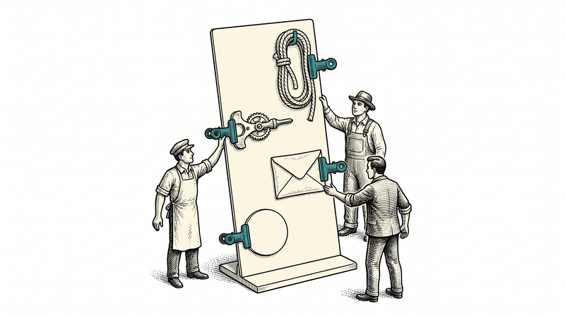 Four different objects fastened to one upright card with teal clips — a coil of cord, a geared part, an envelope and a disc; three workers from three trades each reach for the one that belongs to their own work, all of them reaching to the same card