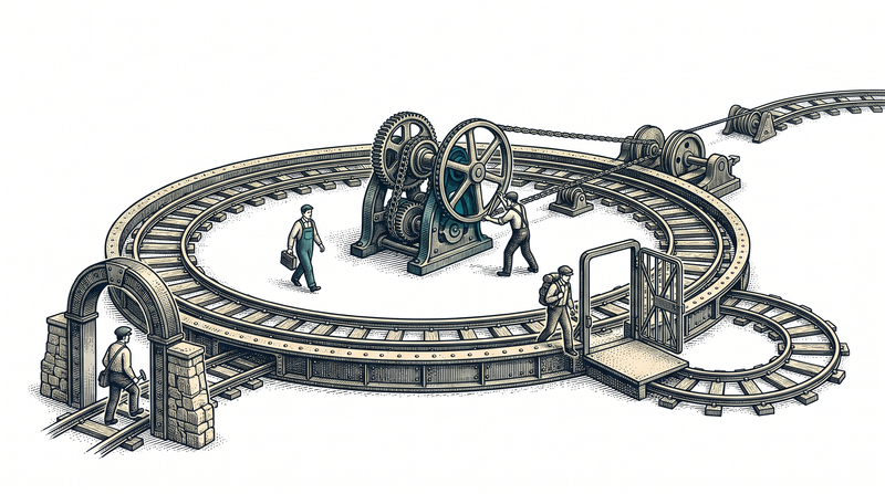 A circular rail laid on the ground; a figure steps onto the ring through a small arch, another passes a crank a worker turns, a third steps off through a side gate, and a short path leads from outside that gate back onto the ring