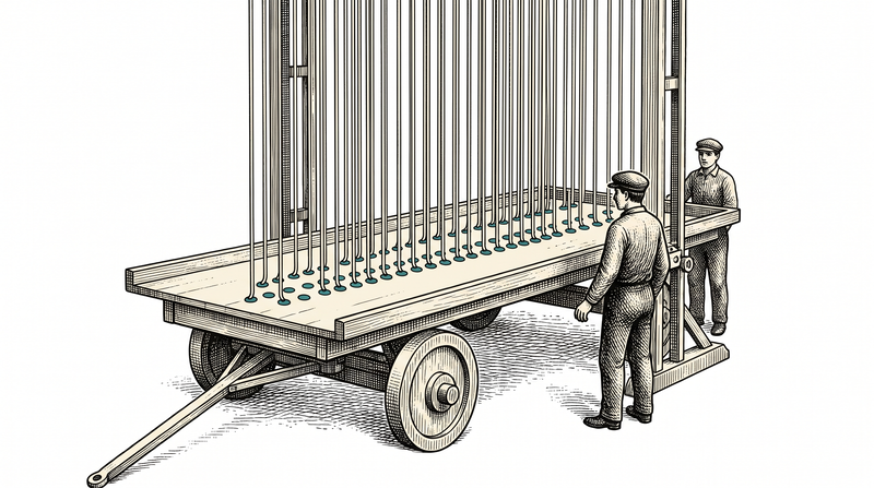 Slender feeler rods lowered onto the cart, each leaving its own teal marker exactly where it touched; nobody is writing anything and there is no pen or paper in sight