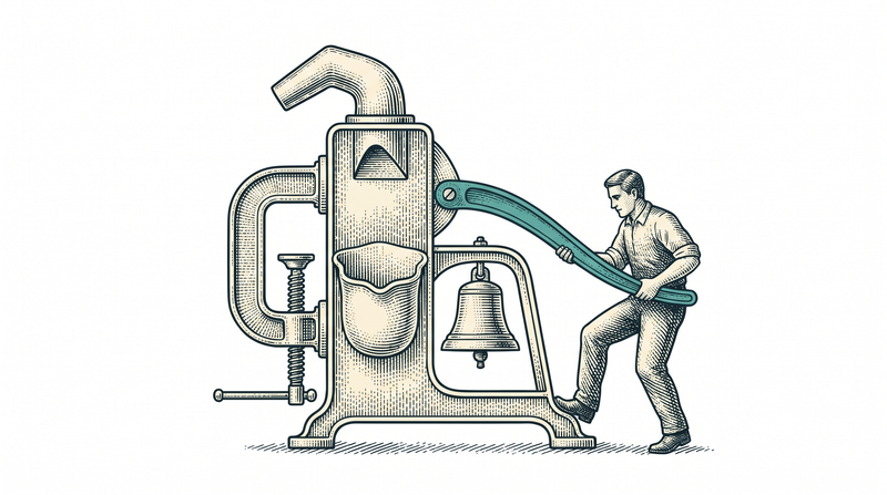 A machine that arrives with its clamp, spout, hopper and bell already built into one body; the worker simply grips the lever, with no parts left waiting on the ground
