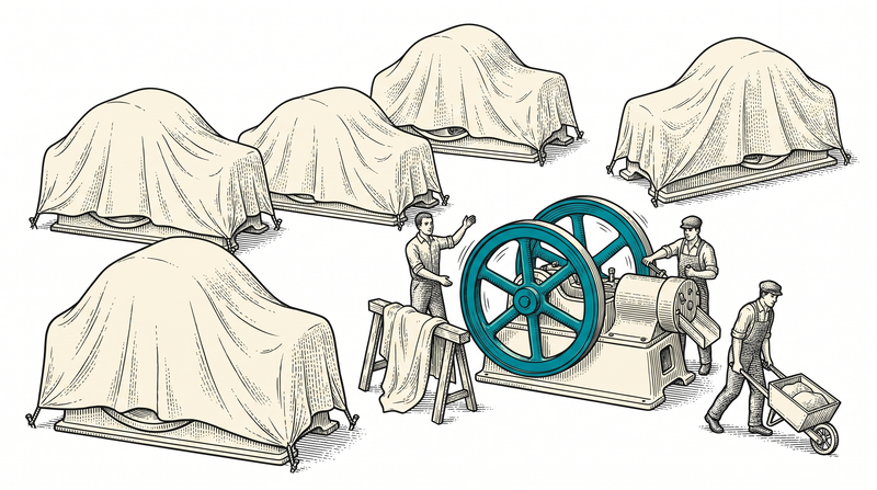 Five of six machines of the same size are still under their covers with nobody attending them; only the one at the front has had its cover pulled off onto a trestle, and that machine is running with its teal flywheel, two figures at it and a third wheeling a loaded handcart away from its outlet