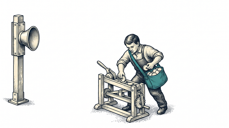The worker collects records into the satchel on their body; no cable, rope or rail runs to the distant receiving post