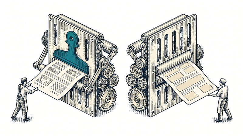 Two presses side by side: the left one turns out a full sheet while the right one turns out the same sheet with several fields covered by solid blocks, and the second figure receives only that masked copy