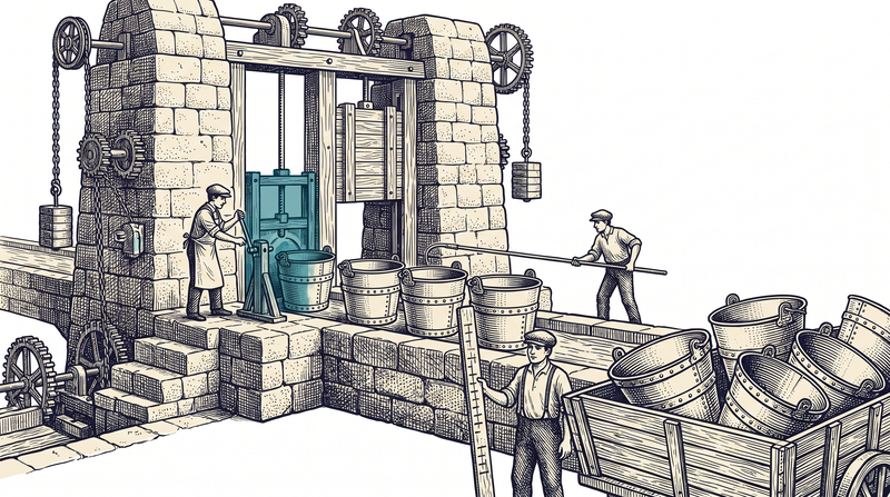A gated sluice set in a stone wall: a figure works the teal gate with a lever, buckets wait in line along the wall, and another holding a notched tally stick waits beside a full cart for his turn