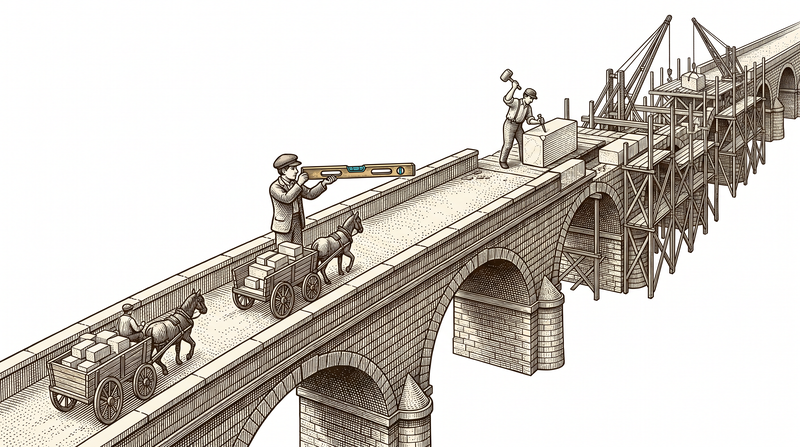 A long bridge built one span at a time: loaded carts are already crossing the completed near spans while the far end is still open scaffolding, and while one figure sights along the finished section with a level, another sets the next stone