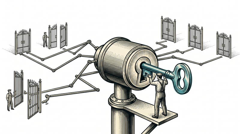 A single keyed core mounted on a post; corridors branch away behind it, each ending in a gate whose latch is linked back by a thin rod to that one core, and when a figure turns the key two gates swing open while the rest stay shut