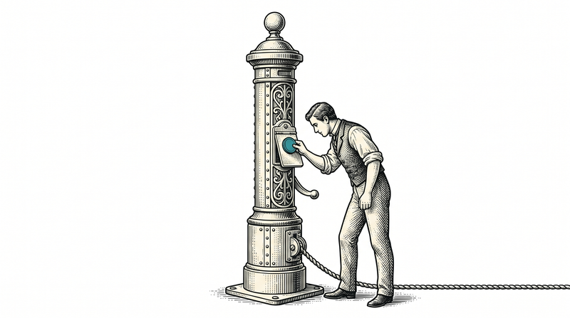 A field worker pressing a token against a post standing alone in the open, with a cord running from the post out of frame