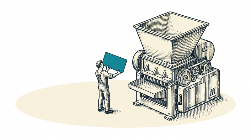 A worker standing beside an idle machine, turning a teal piece in their hands to look at it from an angle nobody would normally use