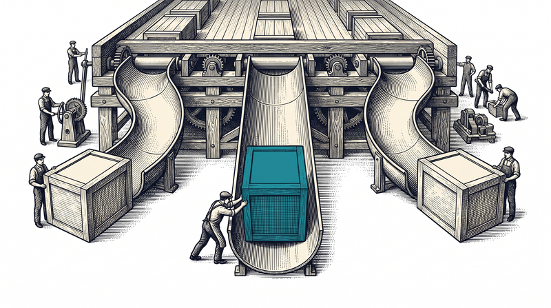 A sorting table with three chutes where a pushed teal crate runs down the middle one while a crate waits at the mouth of each of the others