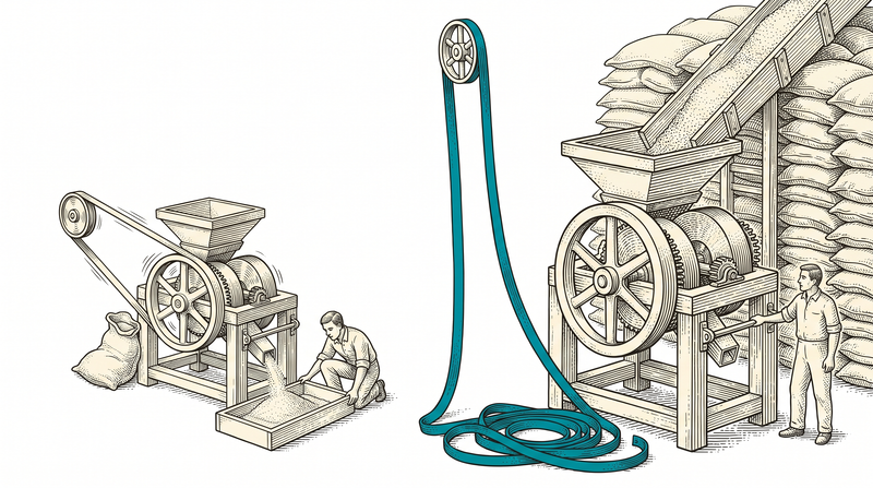Two mills side by side: the small one on the left is running and a figure watches the tray at its outlet fill; the teal belt of the enormous one on the right has been lifted off its pulley and lies coiled on the ground, and the figure at its clutch bar has turned to watch the small mill's tray instead