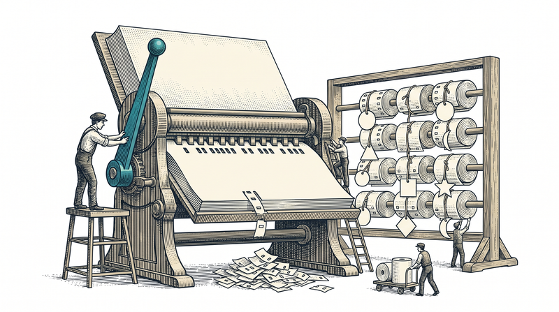 A tall ledger stand where the figure is not writing but simply pressing a lever, and the stand itself punches a fresh line of notches onto the open page; beside it a rack holds spindles of already-punched pages, each hung with a differently shaped tag, and there is no eraser and no pen anywhere in the scene