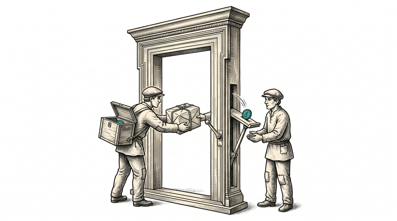 A parcel passing through a giant doorway presses the lever built into the door post, and that same lever tips a teal coin into the closed box on the courier's back — nobody is writing anything