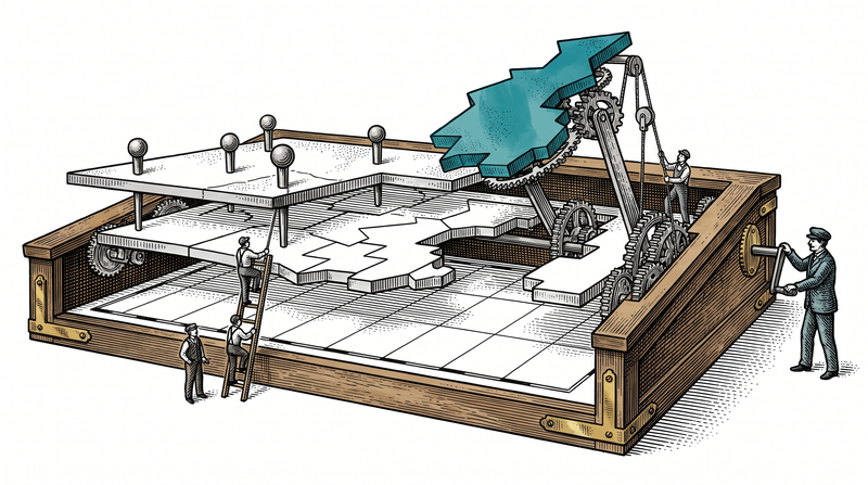 A cutaway of the map table: a plain grid layer below, outlined zone shapes in the middle, pins on top; a figure turns a crank and one single zone shape lifts out of the middle layer
