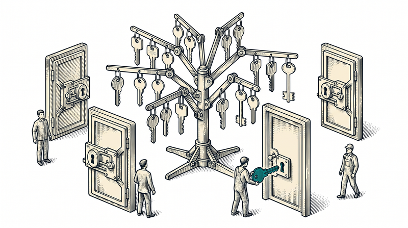 One tree-shaped rack with a differently shaped key hanging from every arm; each door around it opens only to its own key, and a worker is putting the teal key into its matching lock
