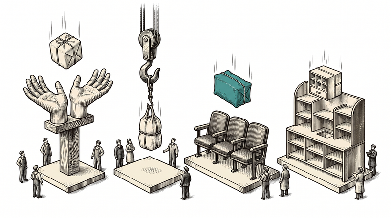 Four separate receiving stations side by side — open hands, a hook, a row of seats and a set of shelves — each taking a parcel shaped for it alone, none of them linked to another