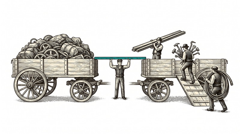 Two carts side by side: the left one loaded earlier and settled, the right one being loaded by three workers carrying bars, hand tools and a coiled belt; a figure between them holds a teal straight stick level across the tops of the two loads